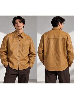 BARON Men's Genuine Leather Shirt Jacket Tan Brown Button Front L/XL